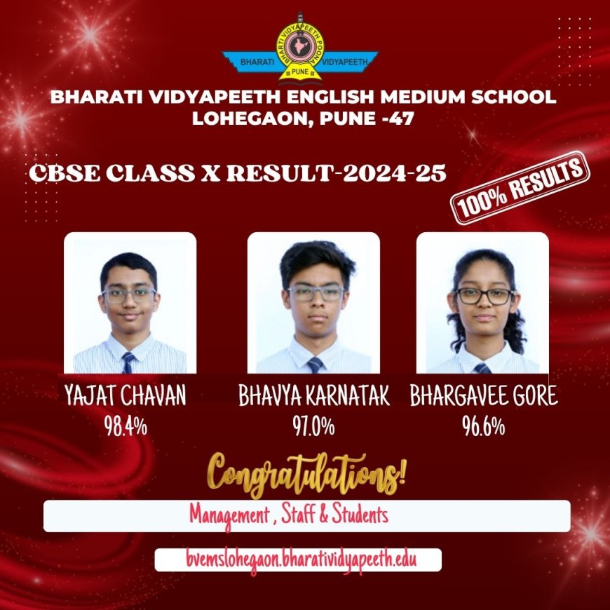 भारती विद्यापीठ इंग्लिश मीडियम स्कूल लोहेगाव,पुणे चा इयत्ता 10वी चा 100% निकाल.